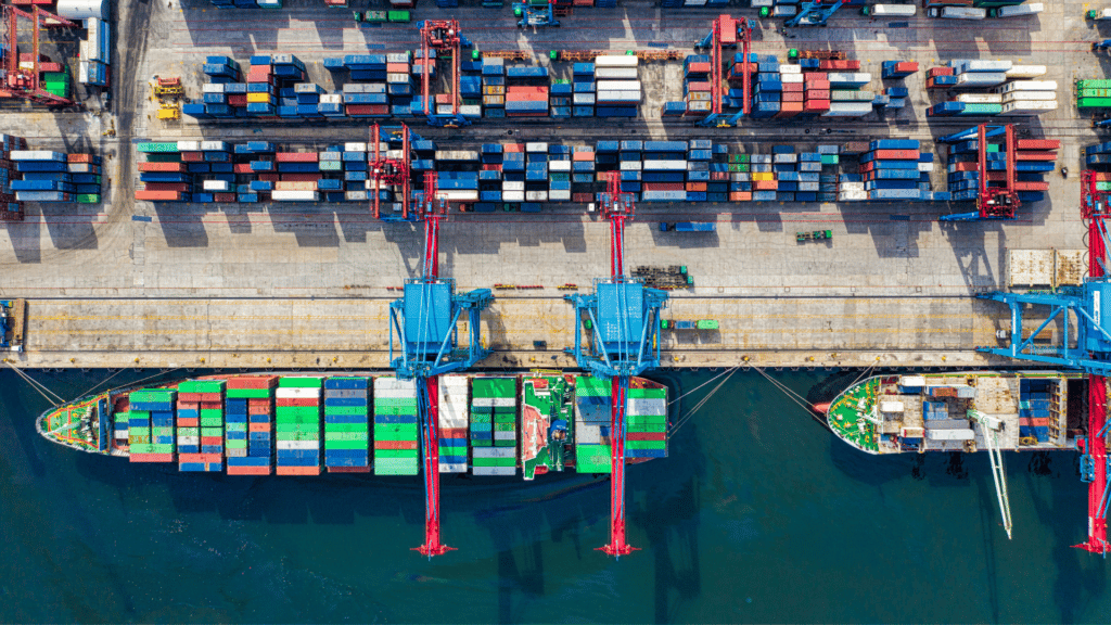 international freight shipping - aerial view of a port